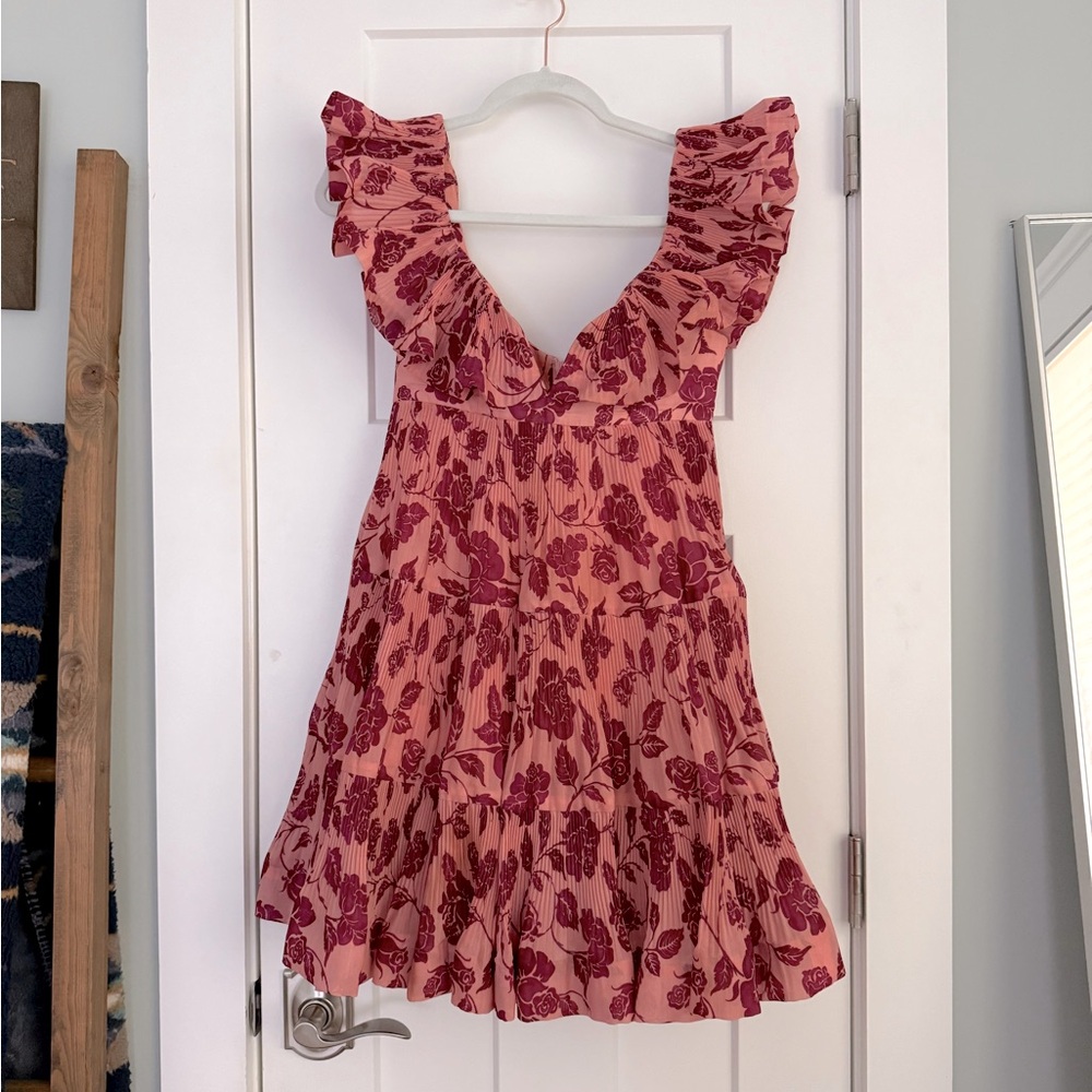 Zimmermann Lovestruck Pleated Ruffle Floral Plisse Mini Dress Pink - Picture 3 of 11